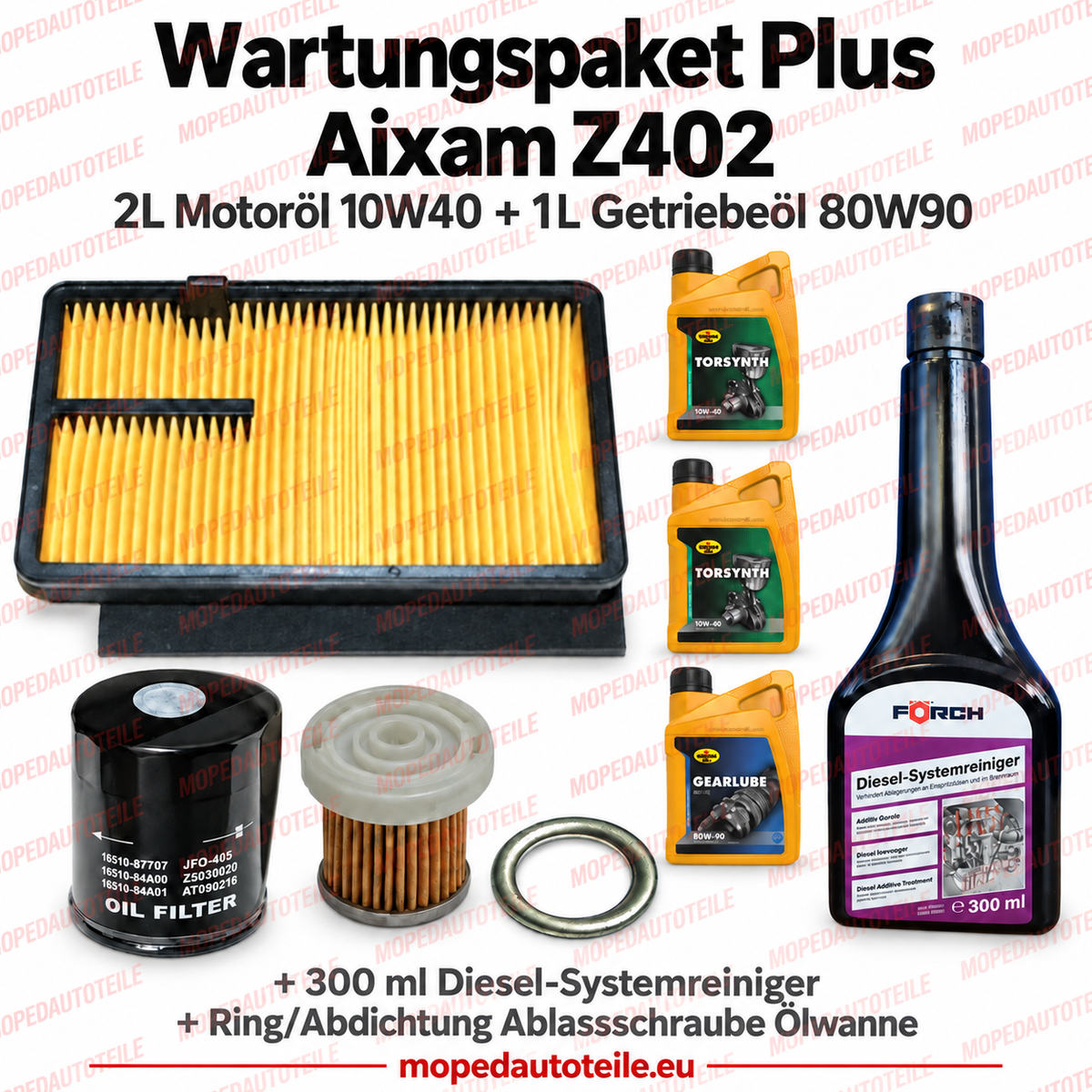 Servisní sada Plus Aixam Z402 – sada filtrů + 2 l motorového oleje 10W40 + 1 l převodového oleje 80W90 + těsnicí kroužek + čistič dieselového systému