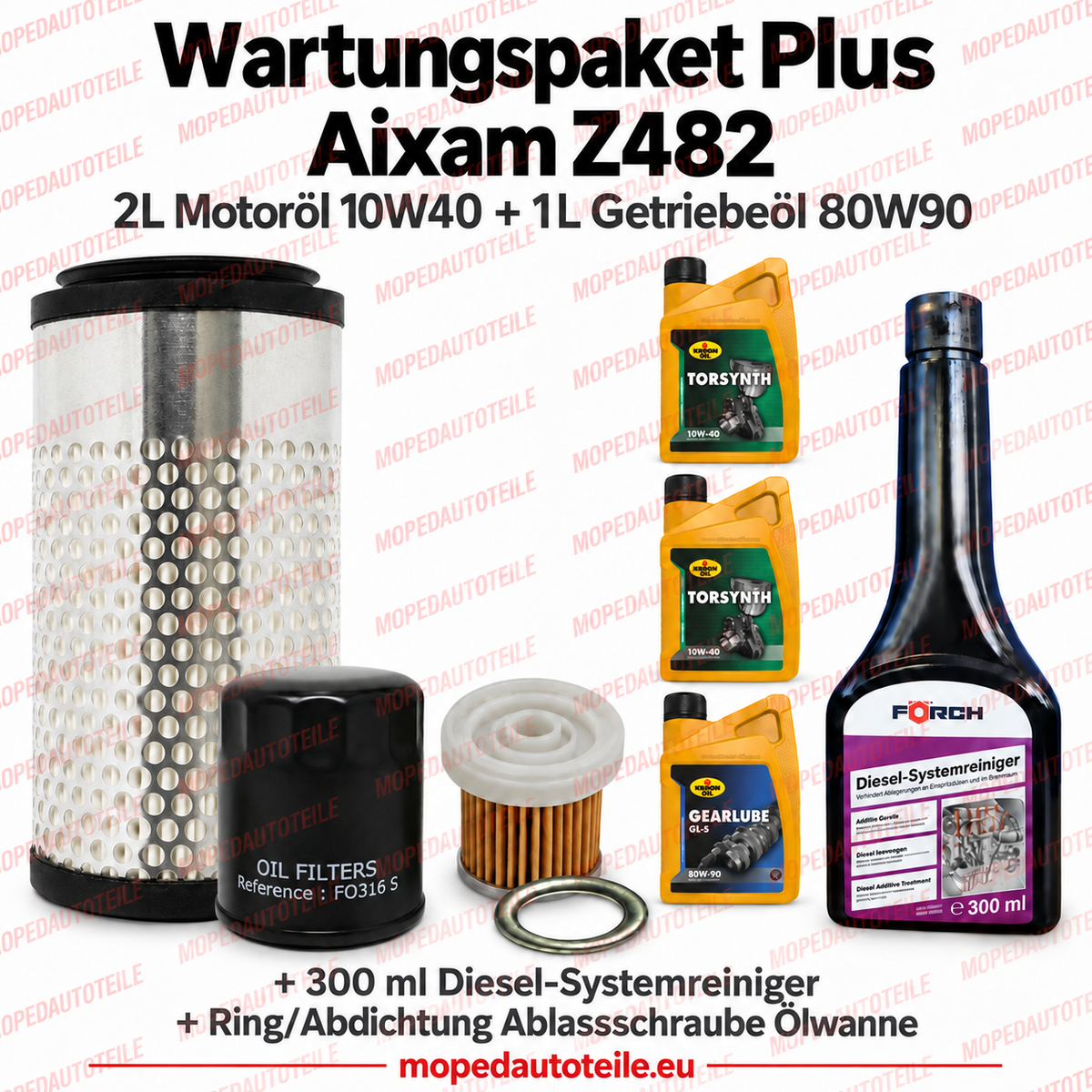 Kit de manutenção Plus Aixam Z482 – conjunto de filtros + 2 L de óleo de motor 10W40 + 1 L de óleo da caixa de velocidades 80W90 + anel de vedação + produto de limpeza do sistema diesel