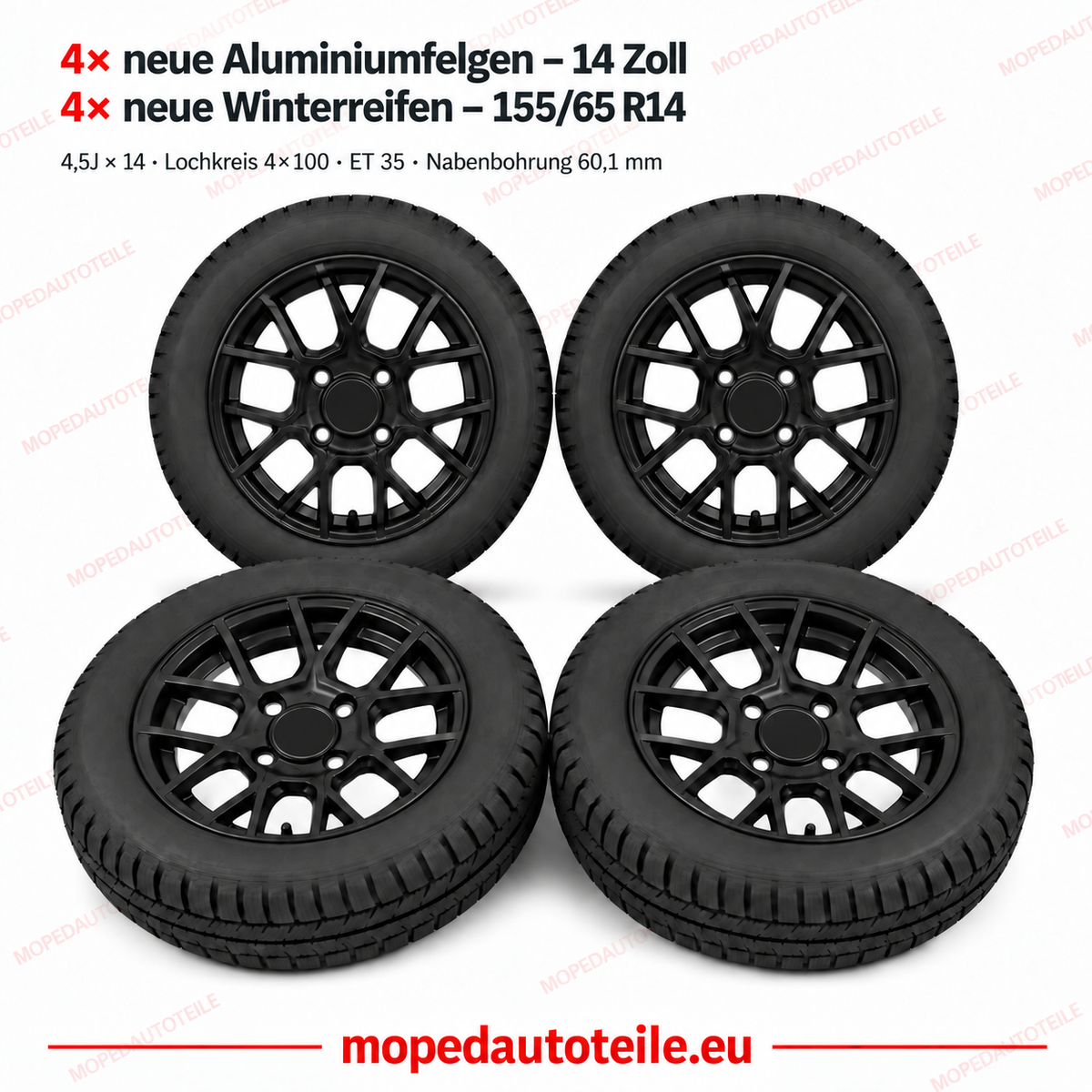 Satz aus 4 neuen schwarzen Aluminiumfelgen + 4 neuen Winterreifen – 14 Zoll – für Chatenet(CH26/CH30/CH32/CH40/CH46)