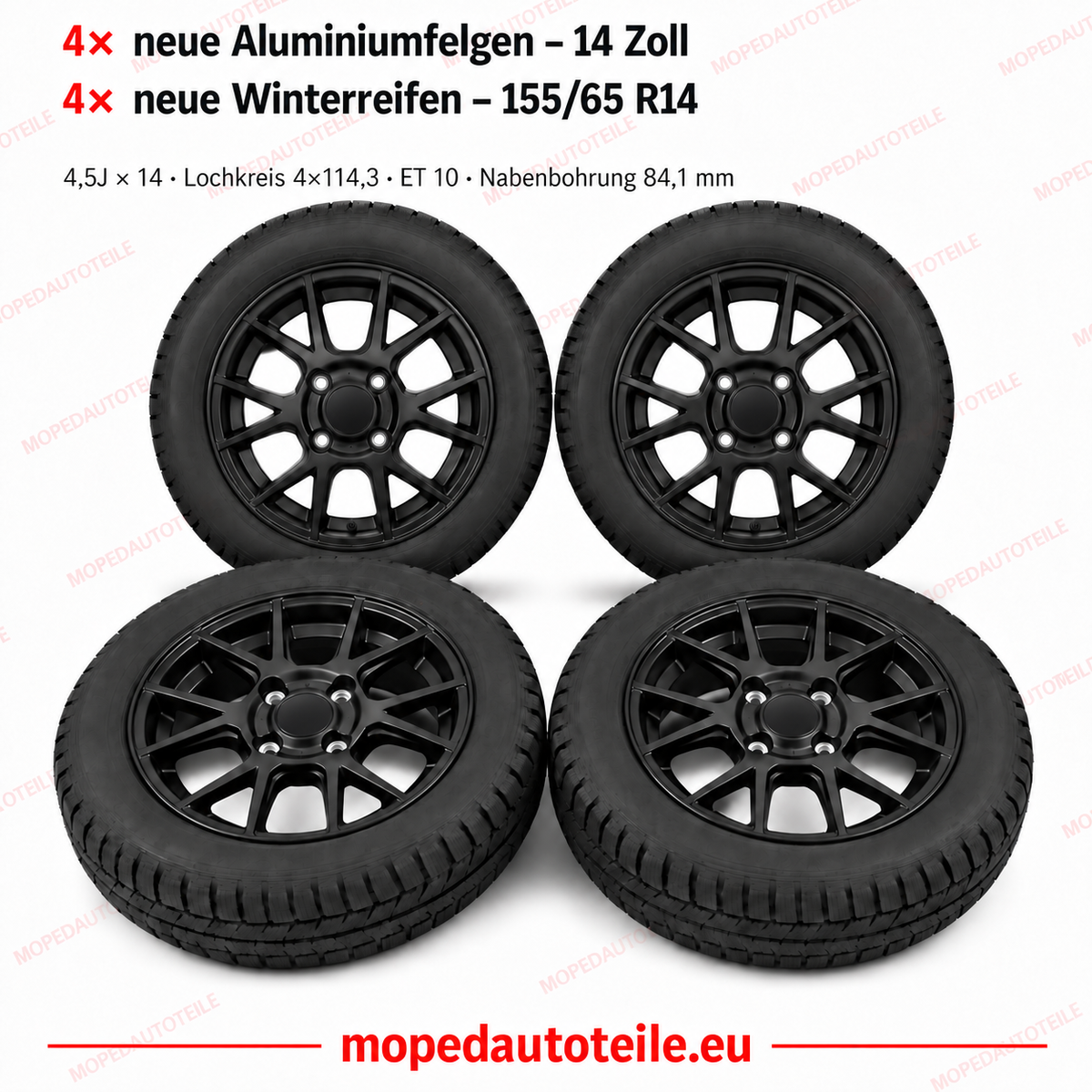 Satz aus 4 neuen schwarzen Aluminiumfelgen + 4 neuen Winterreifen – 14 Zoll – für Aixam/Microcar
