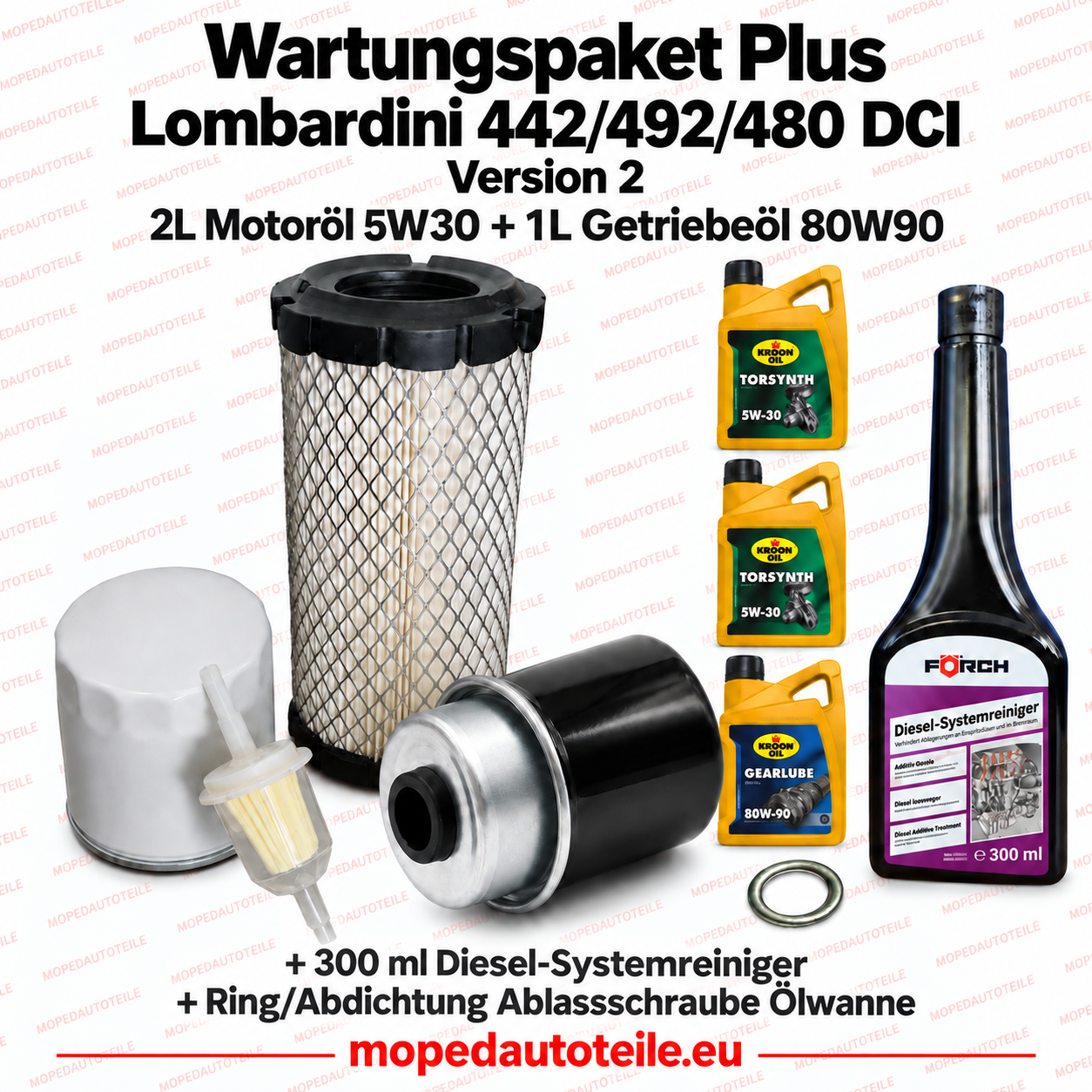 Wartungspaket Plus Lombardini 442/492/480 DCI Version 2 mit Motoröl, Getriebeöl und Diesel-Systemreiniger sowie Dichtring 95.0864.3C