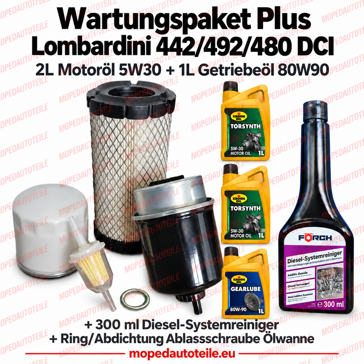 Wartungspaket Plus Lombardini 442/492/480 DCI mit Motoröl, Getriebeöl und Diesel-Systemreiniger sowie Dichtring 95.0864.3C