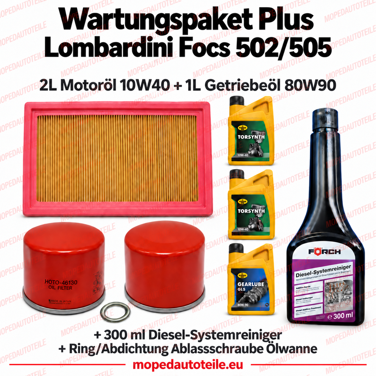 Wartungspaket Plus mit Filterset, 2L Motoröl 10W40, 1L Getriebeöl 80W90 und 300 ml Diesel-Systemreiniger sowie Dichtring