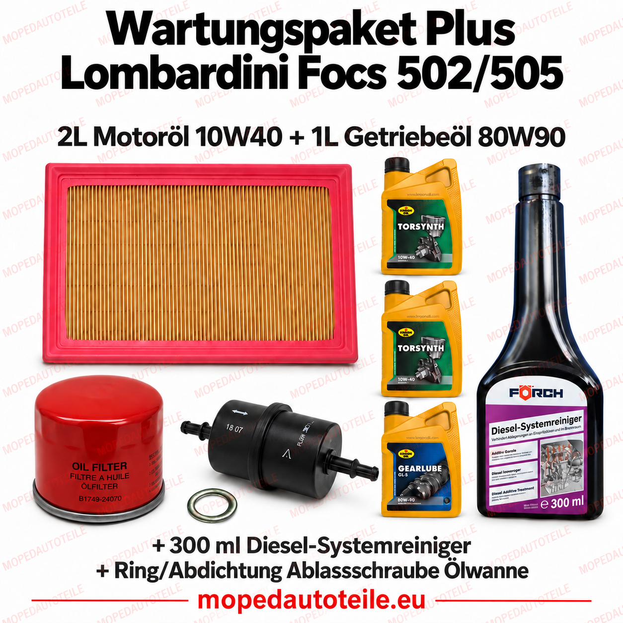 Wartungspaket Plus mit Filterset, 2L Motoröl 10W40, 1L Getriebeöl 80W90 und 300 ml Diesel-Systemreiniger sowie Dichtring