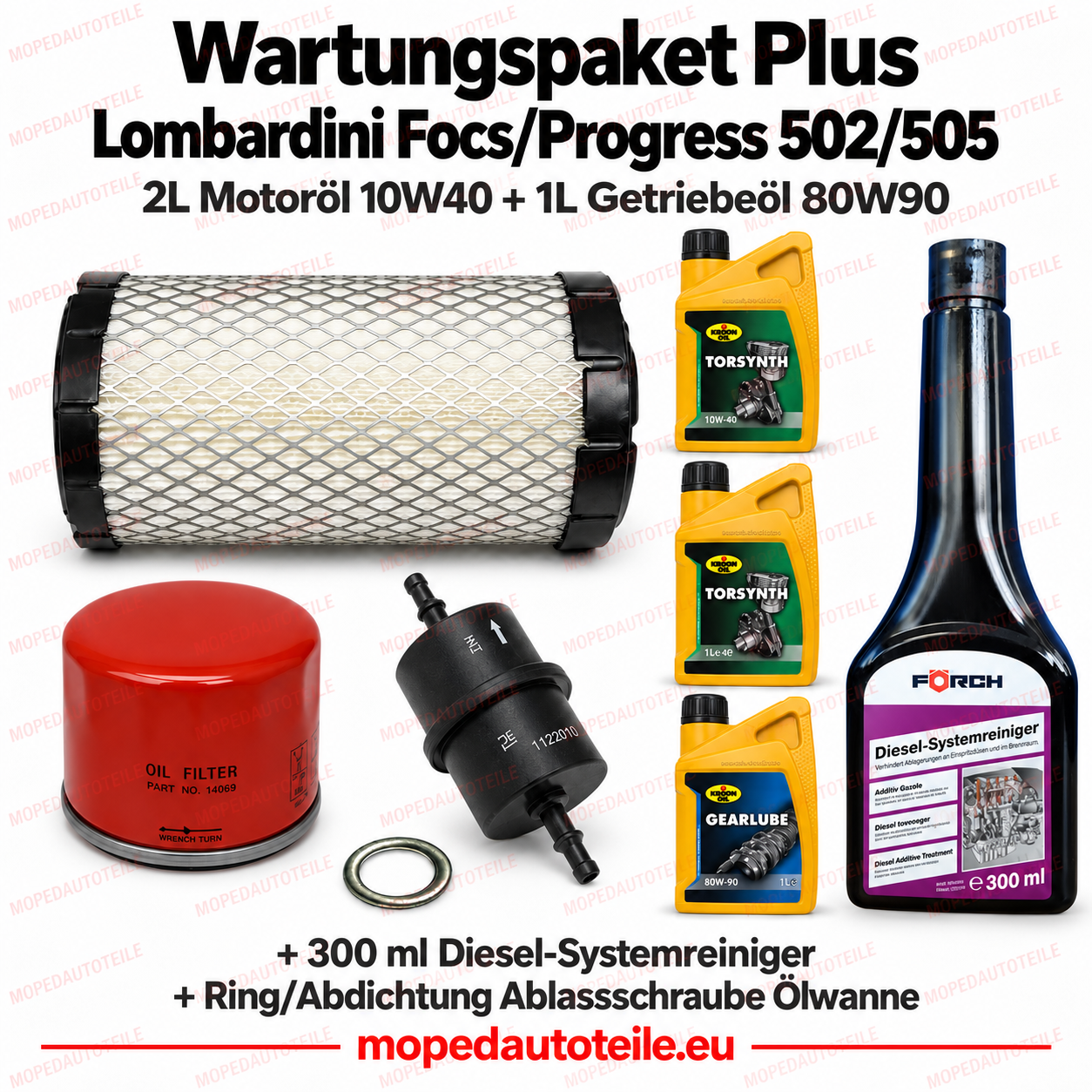 Wartungspaket Plus Lombardini Focs/Progress 502/505 mit Motoröl, Getriebeöl und Diesel-Systemreiniger sowie Dichtring 95.0864.3C