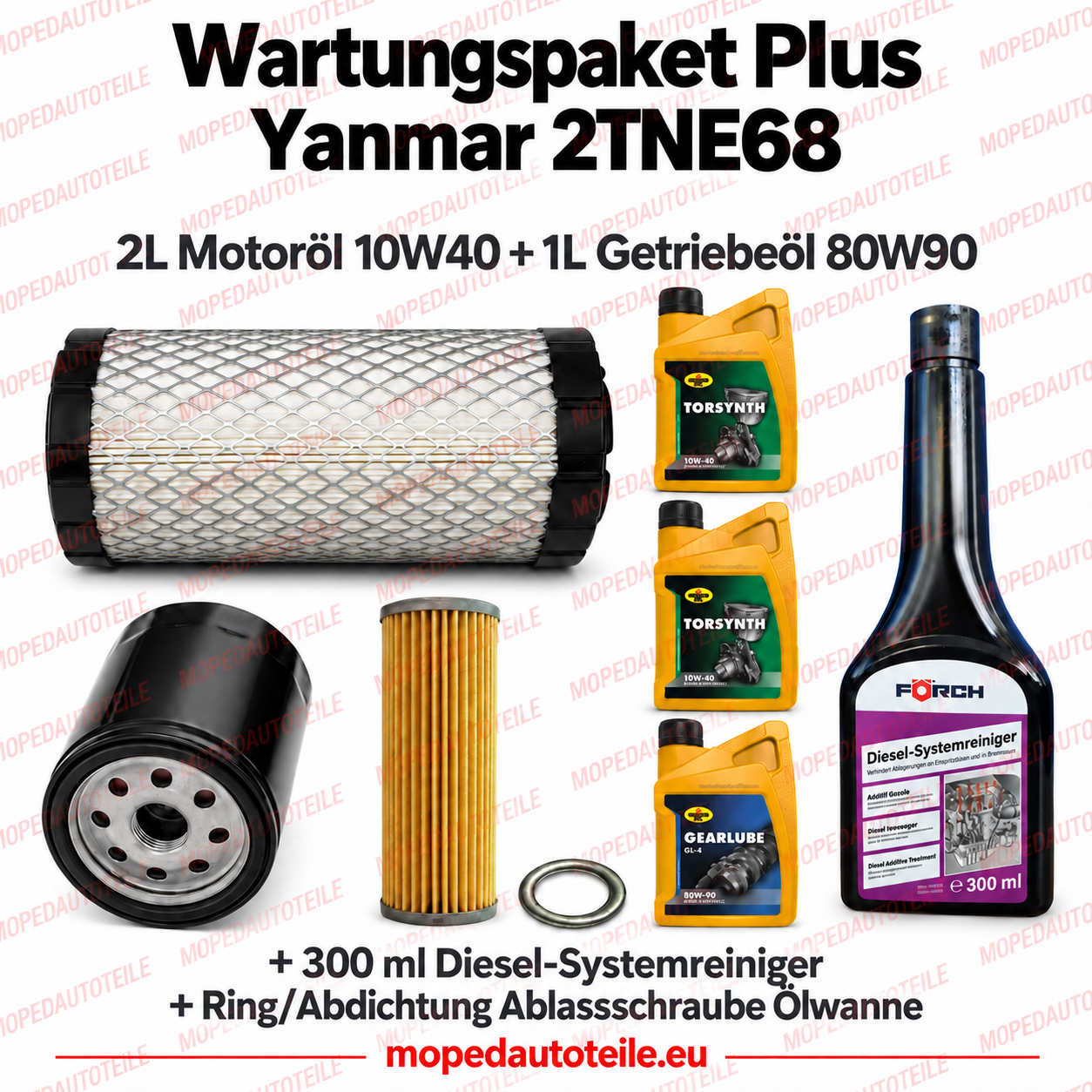 Wartungspaket Plus mit Filterset, 2L Motoröl 10W40, 1L Getriebeöl 80W90 und 300 ml Diesel-Systemreiniger sowie Dichtring